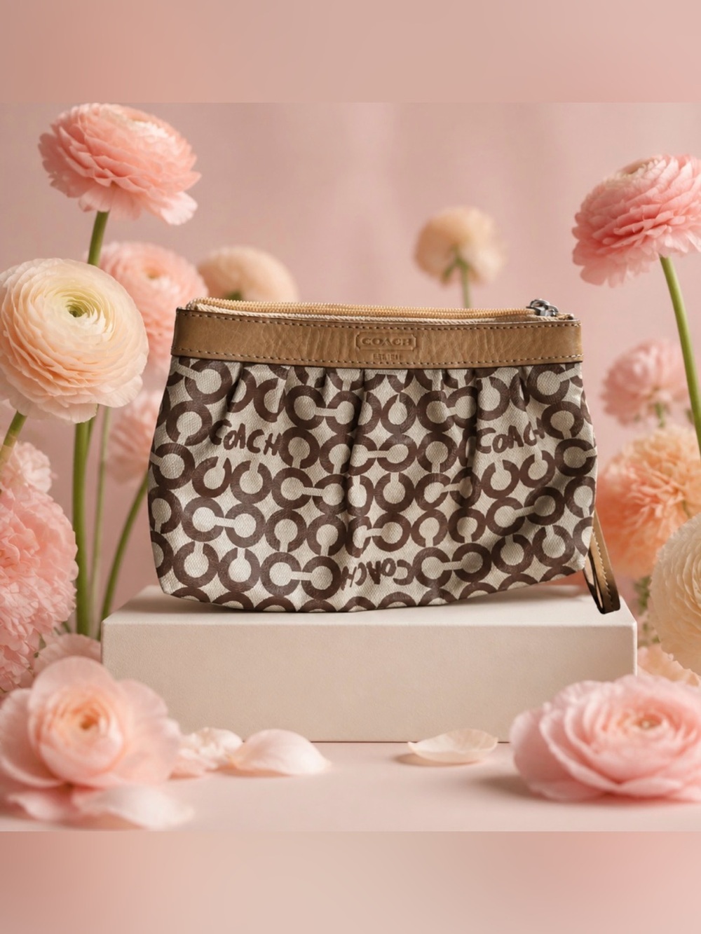 Vintage Coach Signature Print Beige and Brown Cosmetic Pouch